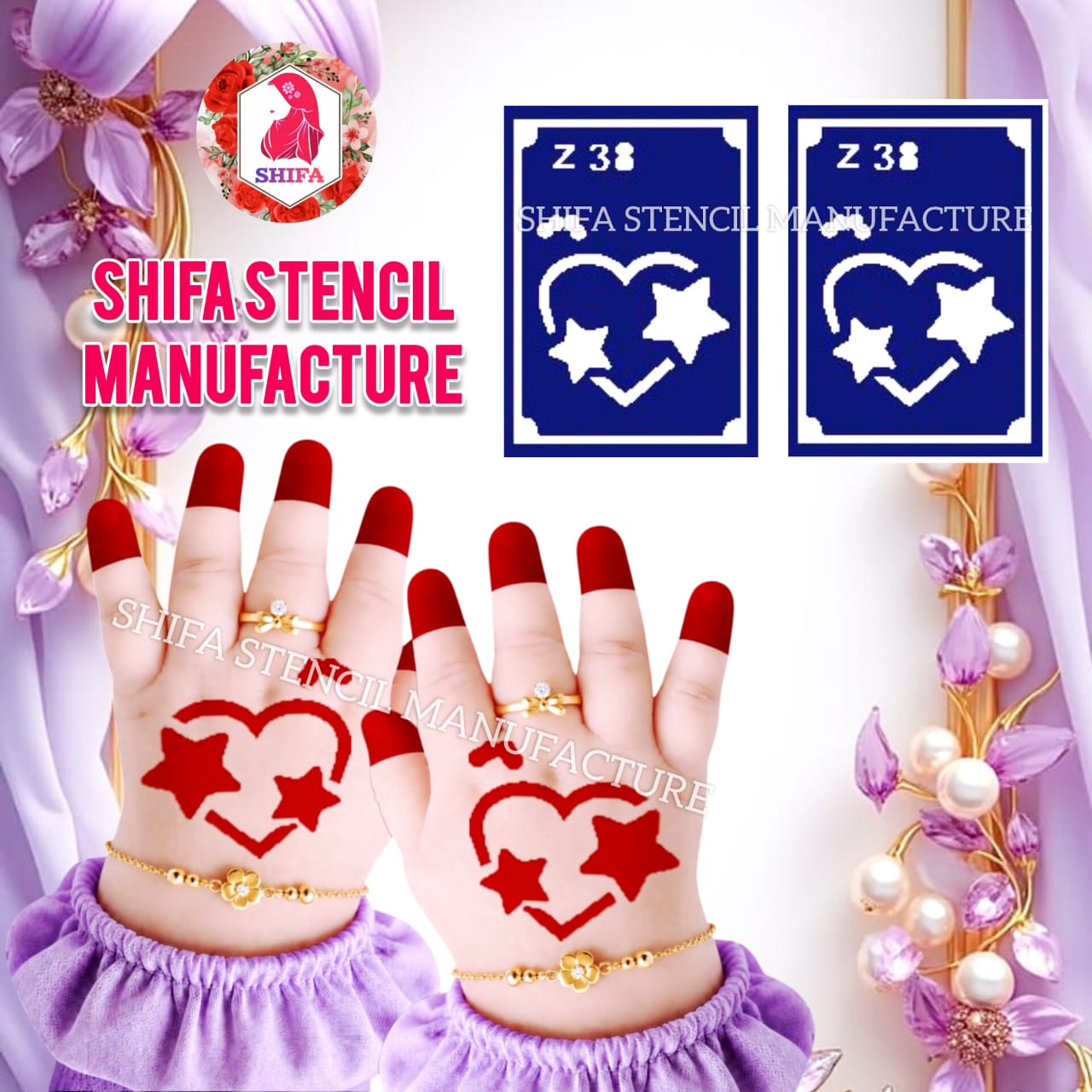Z 38 Whimsical Starry Heart Stencil Sticker overview Henna Stencil - Shifa Stencil